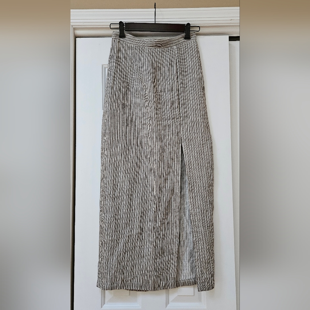 Size 2 Mara Hoffman Striped Sage Green Maxi Linen Skirt Front Slit